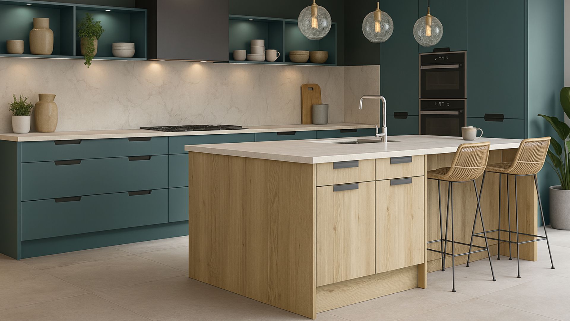 Khan Integrated Handle Fitted Kitchen Oak Green