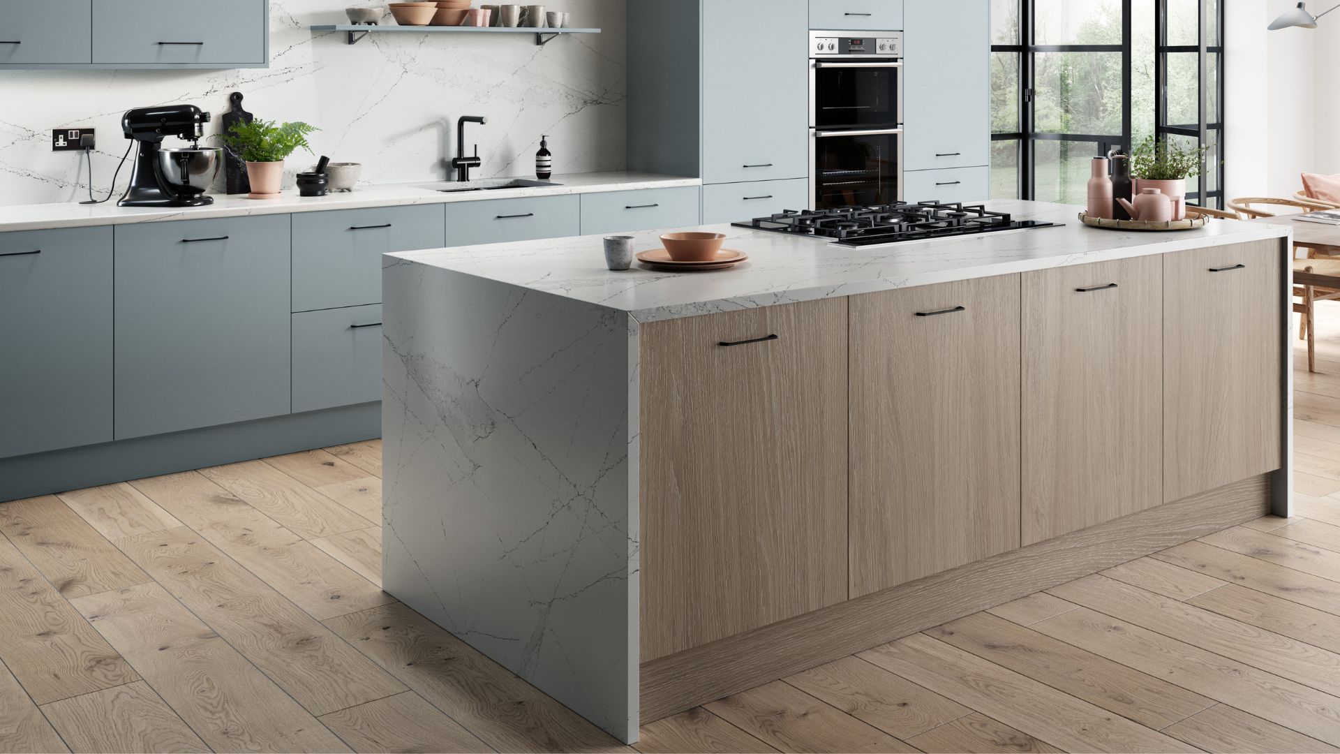 Ramsay Slab Door Fitted Kitchen Oak Blue