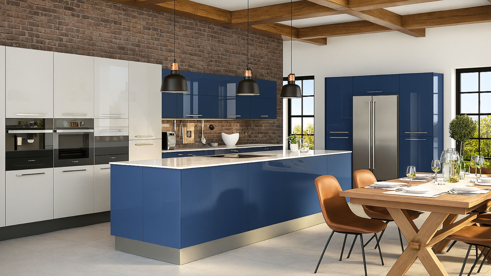 Ramsay Slab Door Fitted Kitchen White Blue